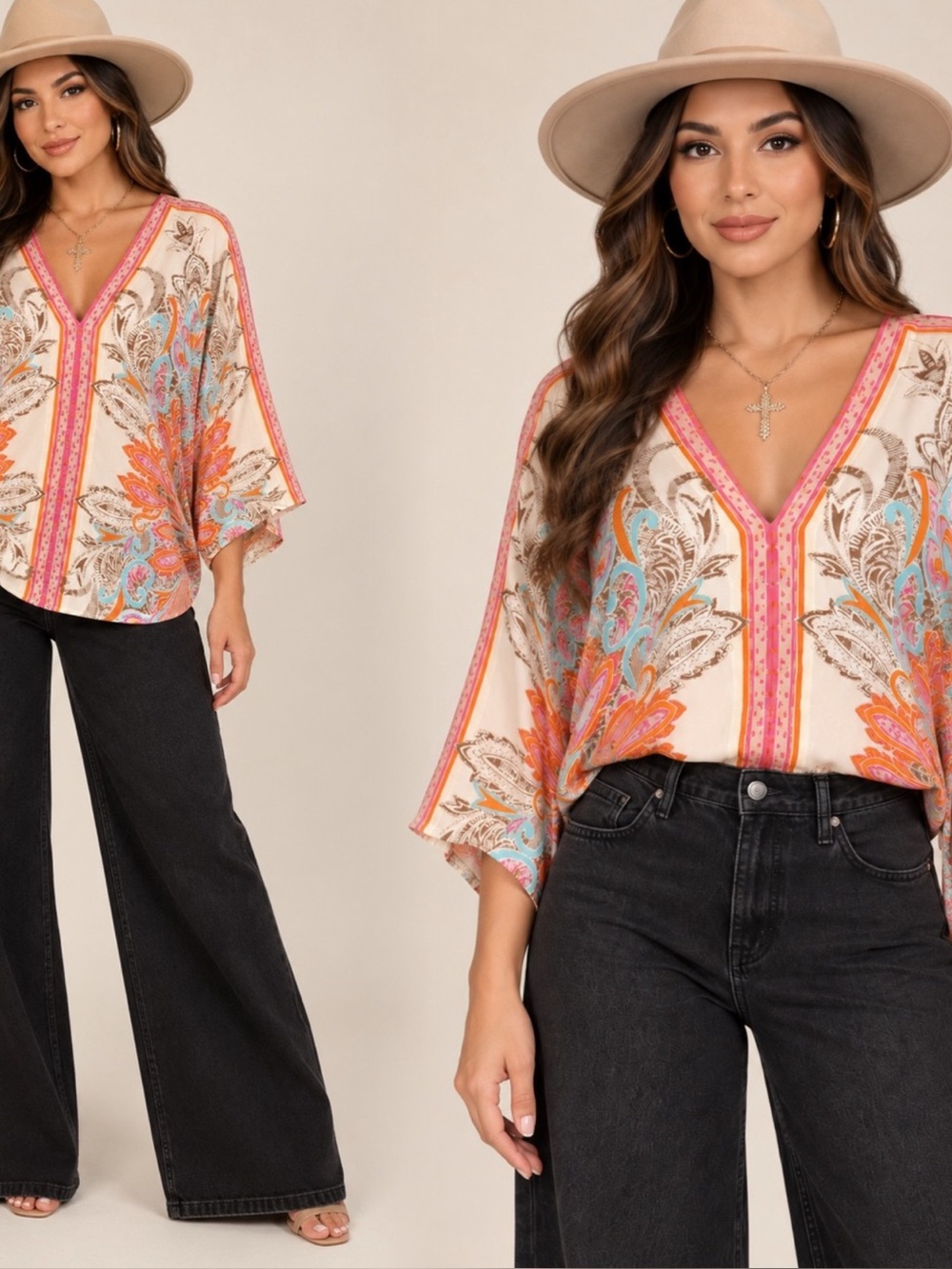 Boho Floral V-Neck Blouse in Cream and Coral